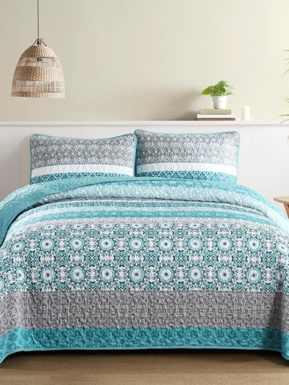 Boho Quilt Set King，3 Pcs Teal Floral Striped Bedspread